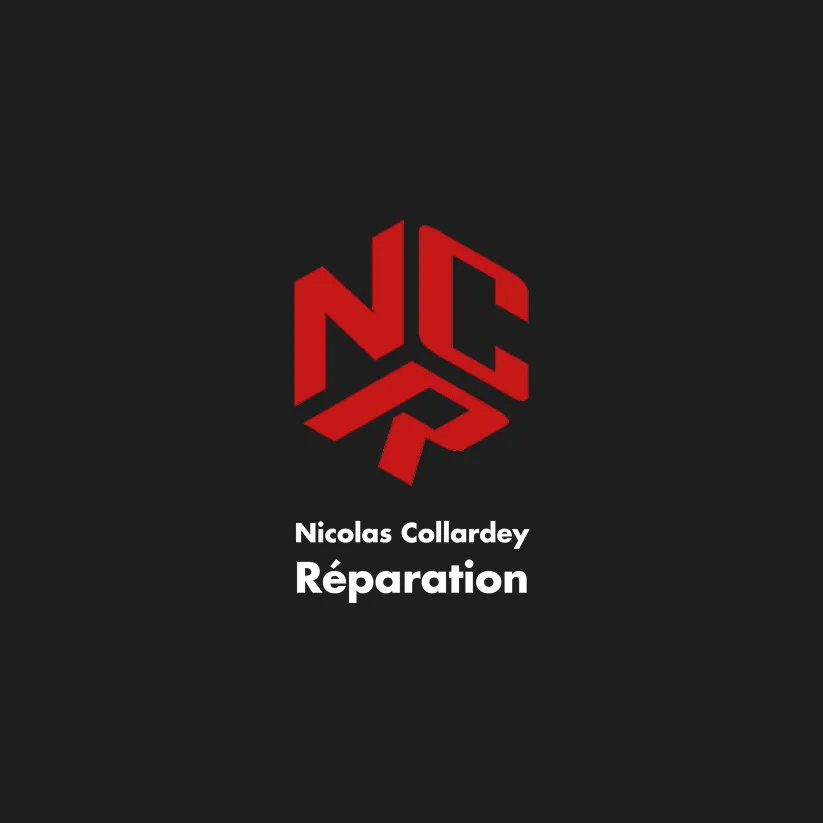 Logo secondaire Nicolas Collardey Réparation rouge et blanc sur fond sombre.